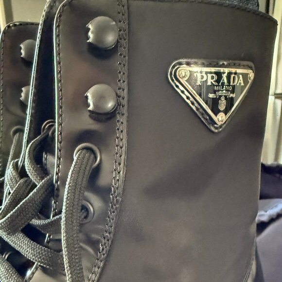 PRADA Women’s Leather & Re-Nylon Logo Combat Boots Blue 40 / 9 or 9.5 - Picture 1 of 12